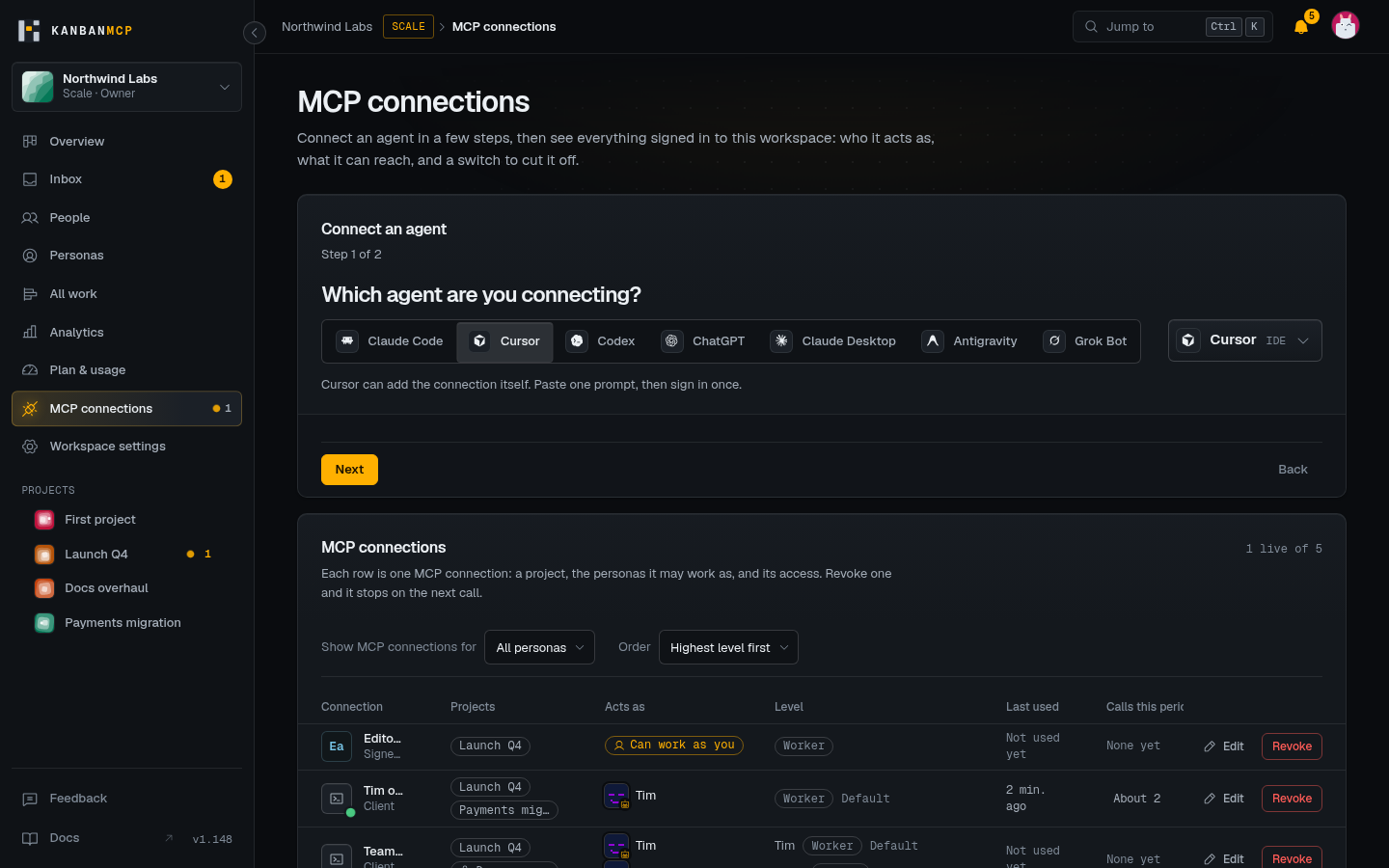 The MCP connections page, with the connect steps and the list of connected agents.