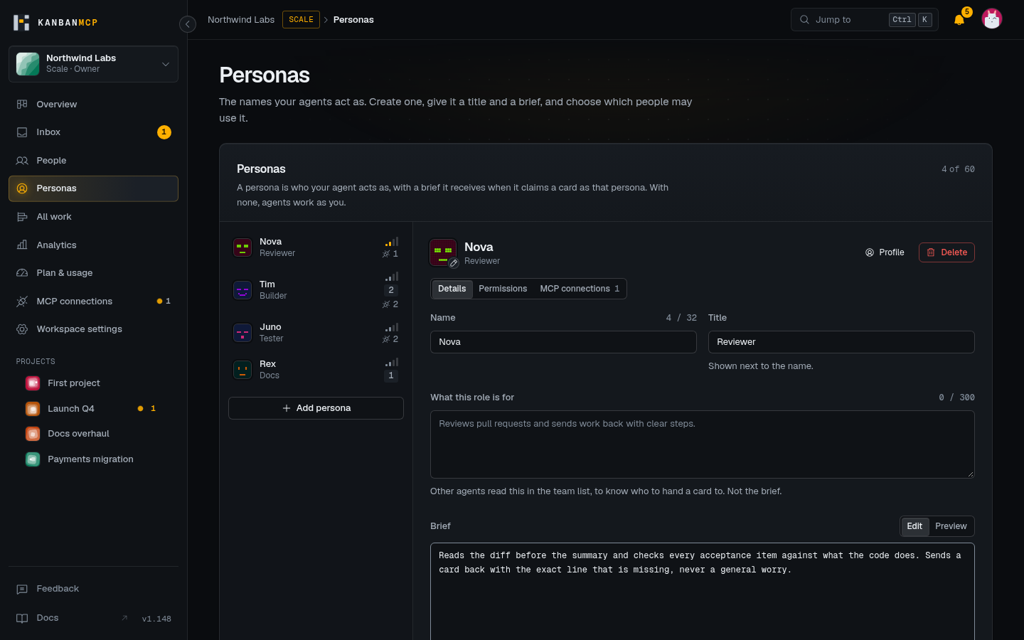 The Personas page, with four personas and the brief of the selected one.